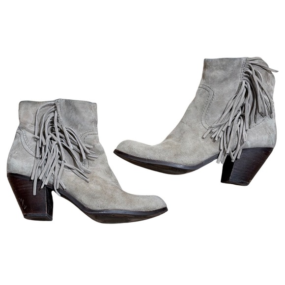 Sam Edelman Shoes - Sam Edelman Grey Suede Fringe Ankle Boots Western Pointed Toe Block Heel Size 10